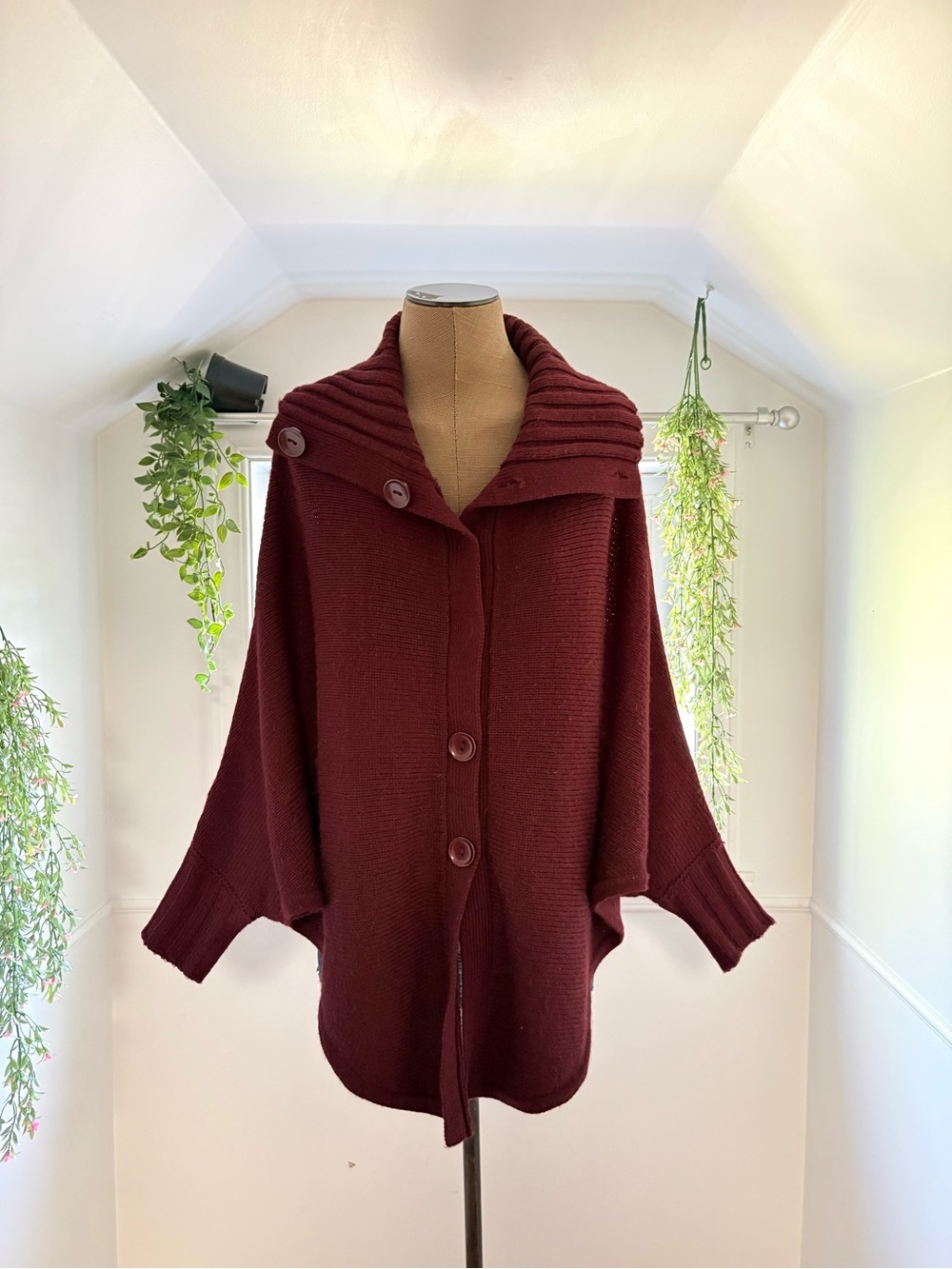 Raffi Burgundy Button Shawl Collar Cardigan